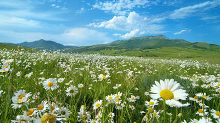 Wall Mural - Meadow of wild daisies with rolling hills and a bright blue sky