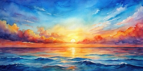 Wall Mural - Abstract ocean horizon sunset background in watercolor painting style, watercolor, painting, abstract, ocean, horizon