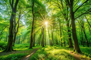 Wall Mural - Sunlight filtering through lush green trees in a peaceful wooded landscape, sunlight, green, woods, landscape, trees, nature