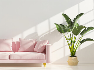 Wall Mural - A large green plant in a pot complements the pastel pink sofa in an elegant white interior