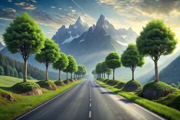 Wall Mural - rendering of a scenic mountain road with floating trees, mountain, road, trees,rendering, nature, landscape, scenic