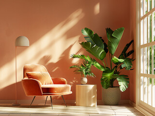 Canvas Print - Bask in the inviting glow of warm sunlight flooding a contemporary living room interior