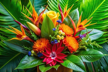 Wall Mural - Vibrant tropical flower bouquet with hibiscus and bird of paradise surrounded by lush green leaves, tropical, flower
