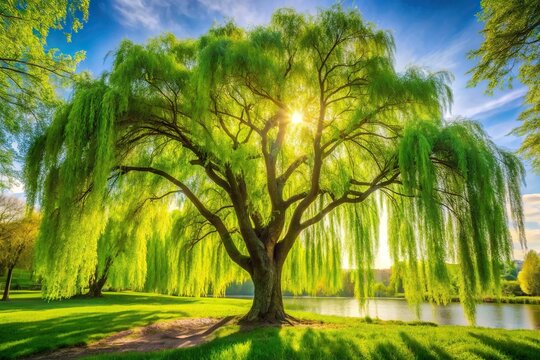 Beautiful willow tree with flowing branches and vibrant green leaves , nature, tree, willow, branches, leaves