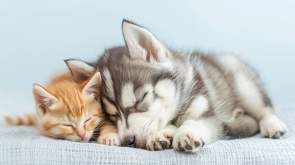 Wall Mural - Portrait of a Husky dog sleep with a cat over plain background