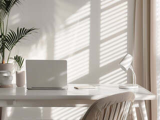 Poster - Comfortable workspace featuring a sleek laptop on a white wooden desk