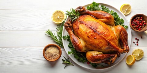 Wall Mural - Roasted chicken on isolated background top view, roasted, chicken, isolated,background, top view, food, delicious, crispy, golden