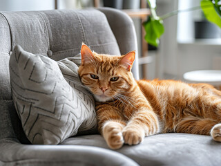 Wall Mural - Delightful red cat lounging atop a gray armchair in the living room