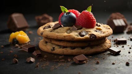 Poster - AI generated illustration of chocolate chip cookies with fresh berries