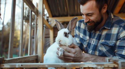 Wall Mural - Pet owner setting up a cozy rabbit hutch