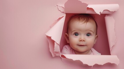 Wall Mural - Portrait of a cute happy smiling baby peeping through a paper hole