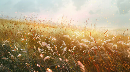 Wall Mural - Prairie landscape with wild grasses and flowers swaying in the breeze
