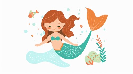 Wall Mural - Vector illustration of a cute beautiful mermaid. Nursery art for baby.