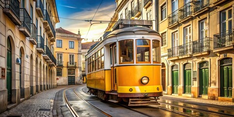 Wall Mural - Yellow vintage tram on the streets of Lisbon, Portugal , travel, destination, tourism, Europe