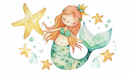 Wall Mural - Vector illustration of a cute beautiful mermaid. Nursery art for baby.