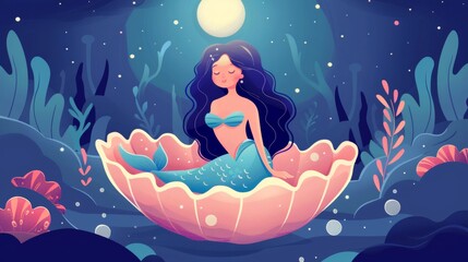 Wall Mural - Beautiful mermaid in shell in deep sea.