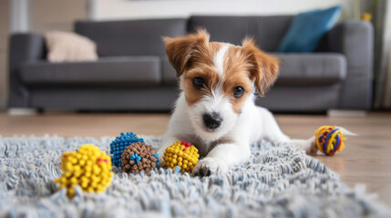 Wall Mural - Puppy playing with chew toys on a living room floor