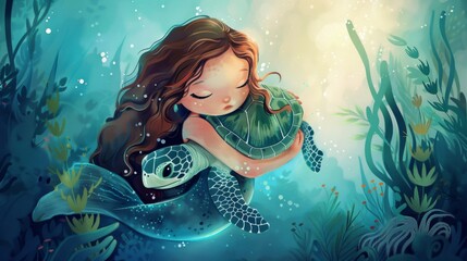 Wall Mural - Beautiful mermaid in deep sea.