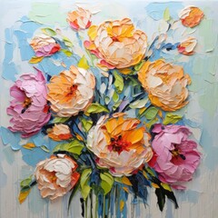 Wall Mural - Pink and orange peony flowers impasto oil painting illustration on blue background. Valentine, Woman's day and Mothers day concept, art for design poster, greeting card, banner, wedding invitation