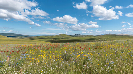 Wall Mural - Rolling hills covered in wildflowers under a vast, open sky with clouds