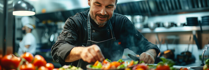 Caucasian man in chef uniform cooking vegetarian food in restaurant kitchen.