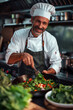 © S photographer - Caucasian man in chef uniform cooking vegetarian food in restaurant kitchen.