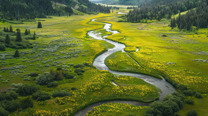 Wall Mural - Scenic valley with a river winding through wildflower meadows