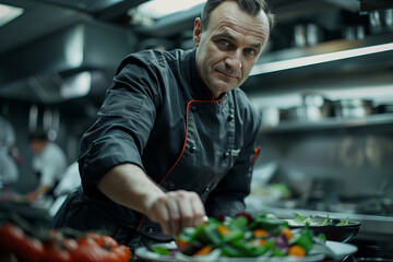 Wall Mural - Caucasian man in chef uniform cooking vegetarian food in restaurant kitchen.