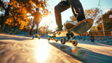 Skateboarders practicing tricks in an urban skate park