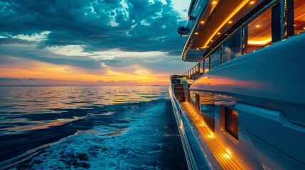 Wall Mural - Luxury yacht in sea water at sunset with colorful sky.
