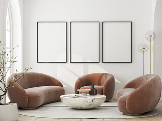 Frame mockup, ISO A paper size. Living room wall poster mockup. Interior mockup with house background. Modern interior design. 3D render
