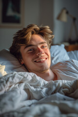 Wall Mural - Caucasian man happily resting in his bedroom.