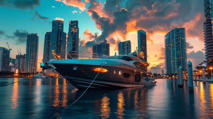 Luxury yacht in sea water at sunset with colorful sky with city skyline.