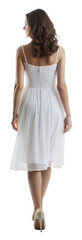 Back view of a woman in a white dress walking, cut out - stock png.