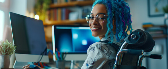 Inclusive photo of female employee with blue hair sitting in a wheelchair in diverse & accessible dei workplace. Happy remote worker at computer. Pride month business marketing