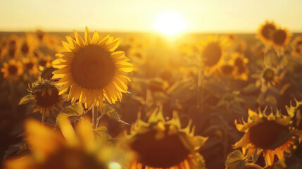 Wall Mural - Sunflowers in full bloom facing the rising sun in a vibrant field