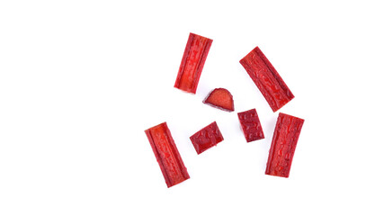 Wall Mural - Rhubarb stalks on a white background. top view