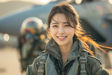 Asian female Air Force pilot looking at camera in fighter jet parking lot.