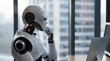 Sticker - A robot is sitting at a desk in front of a computer monitor