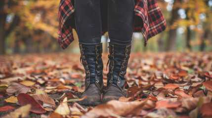 Trendy fall fashion with a plaid shirt and ankle boots