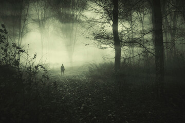 Wall Mural - man silhouette in spooky forest at night