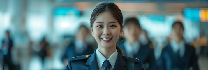 Poster - Asian female stewardess in uniform smiles with confidence in airport.