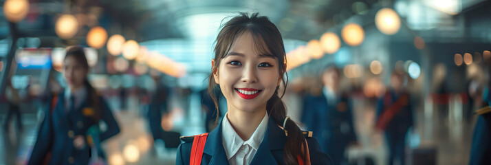 Canvas Print - Asian female stewardess in uniform smiles with confidence in airport.