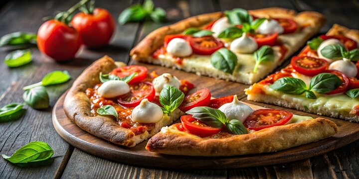 Delicious slice of vegetarian pizza with fresh mozzarella, basil, and tomatoes on a baked crust , pizza, slice, mozzarella