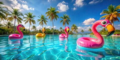 Colorful inflatable flamingos and rings floating in clear blue water with palm trees, inflatable, flamingo, rings