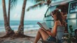 © rabbit75_fot - A female rest reading a book by vintage camper van at sea beach in summer vacation