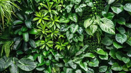 Vertical garden wall with various green plants