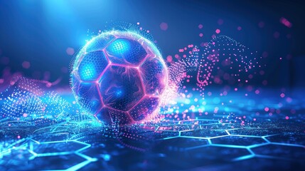 A soccer ball with a red and blue design is on a blue background. The ball is surrounded by a mesh of blue and red lines, giving it a futuristic and abstract appearance. Scene is one of creativity