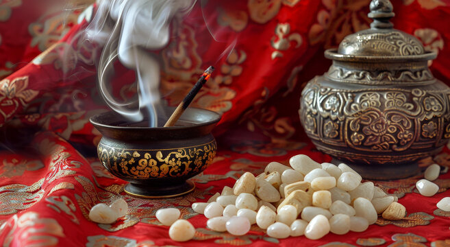 An incense burner with smoke alongside almonds on rich red silk fabric
