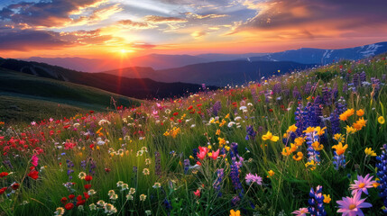 Wildflowers carpeting a hillside with a dramatic sunset in the background
